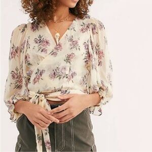 LoveShackFancy Domino Silk Floral Wrap Top Cream Size XS